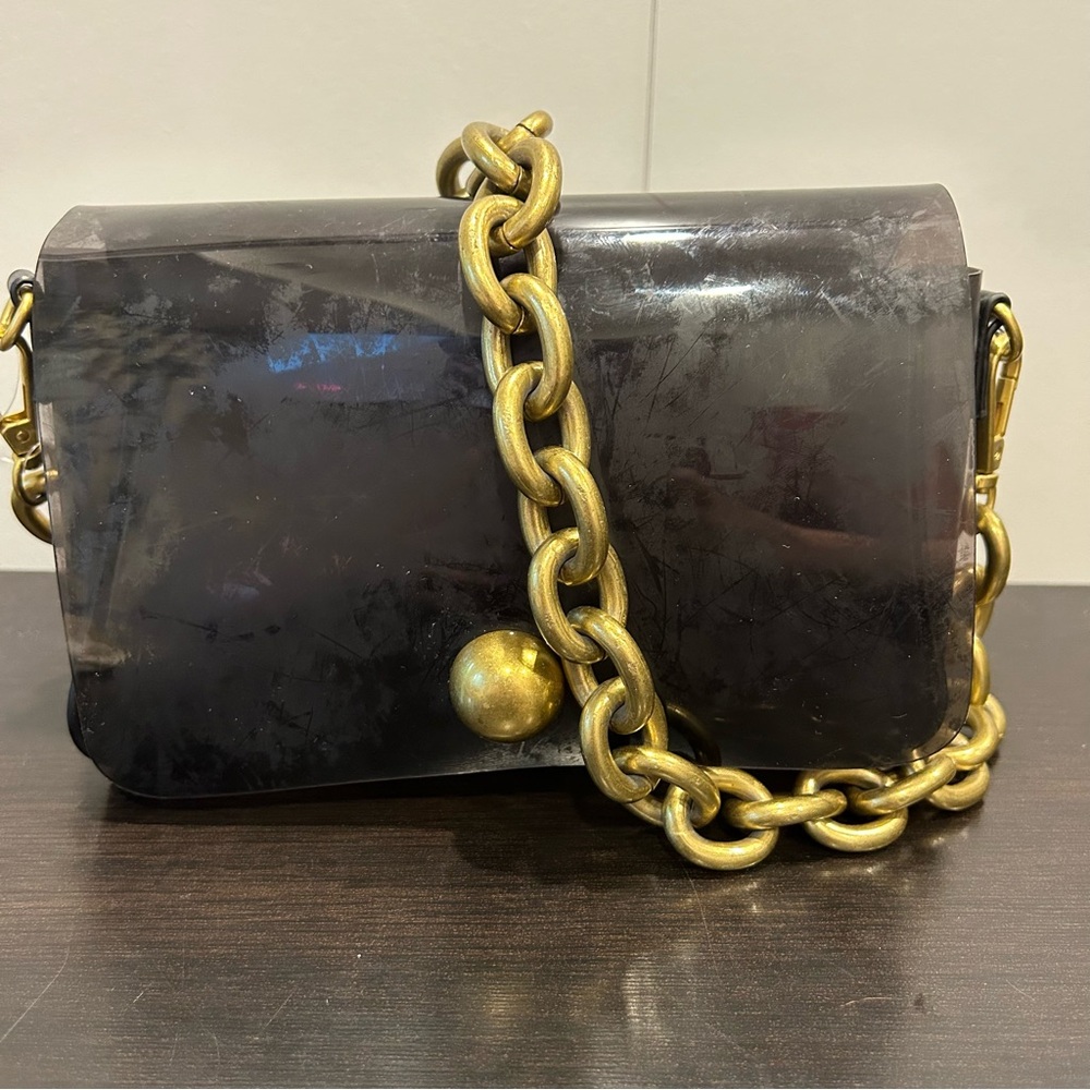 Zara Small Vinyl Clear Black Shoulder Bag With Chain Gold 6587/810